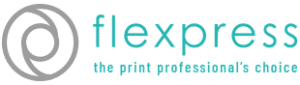 Flexexpress logo: teal circular emblem beside the word 'flexexpress' and the tagline 'the print professionals' choice'