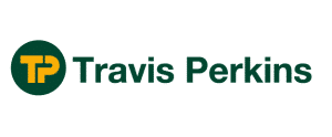 Travis Perkins logo: dark green circle with yellow 'TP' monogram to the left of a green 'Travis Perkins' wordmark.